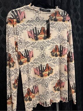 Lucky & Blessed Mesh Top with Desert Cactus Print and Pink-Orange Accents